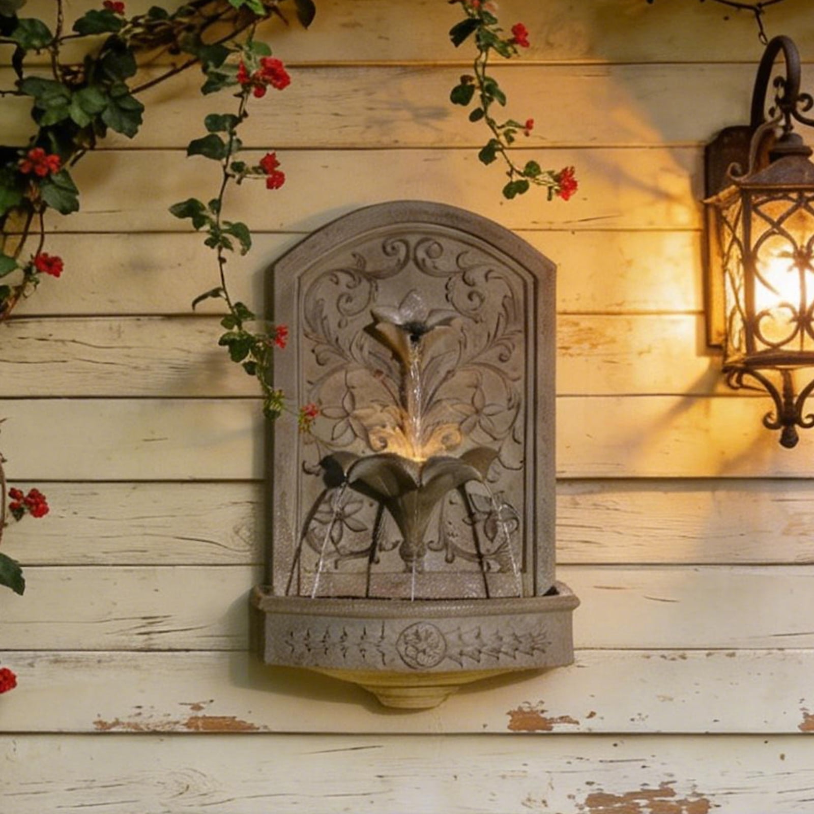 Vintage Wall-Mounted Outdoor Fountain, 28.3" H Resin Garden Water Feature with Floral Carving, Decorative Antique Wall Waterfall for Patio, Yard, Porch & Home Décor
