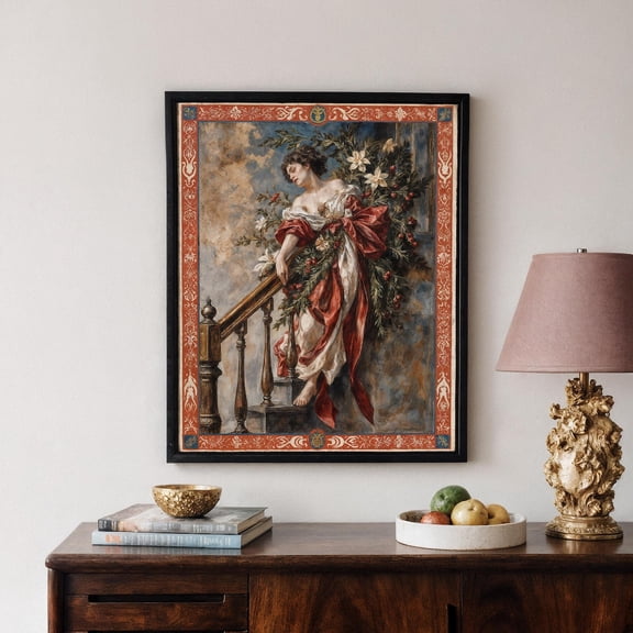 Vintage Wall Poster Elegant Lady With Red Ribbon Classic Winter Art Victorian Decor Living Room UNFRAMED Poster, Wall Art for Decor, Present, 8x12