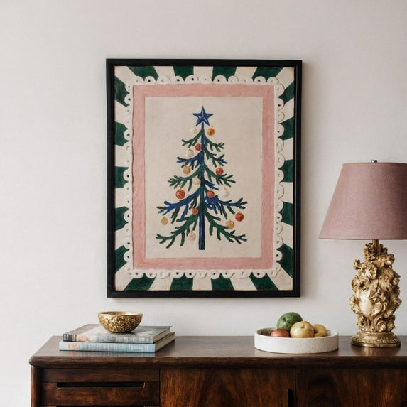 Vintage Wall Poster Winter Festive Tree Art Retro Festive Print Colorful Folk Style Home Decor Winter Artwork Seasonal Interior, Unframed Canvas Size 24x36