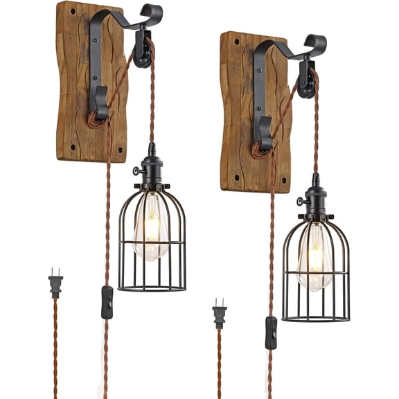 Vintage Wall Sconces Set of Two Plug in,Rustic Pulley Wall Lamps for Bedroom,Hanging Lights with 6.5ft On/Off Switch Cord,Black Rustic Wall Lamp for Bedroom Bedside Living Room Farmhouse Décor.