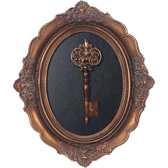 Vintage Wall Sculpture, Antique Pediment, Hallway Wall Art, Hand Painted Wall Decoration With Embossed Intricate Key Design, Oval Aesthetic Room Dcor, Gallery, Unique Gift (Antique Gold-Key)