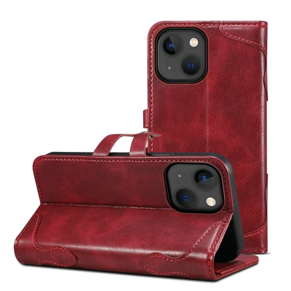 Vintage Wallet Case for iPhone 14 Designed with Card Slots Cash Holder Retro Button Flip Cover, Luxury PU Leather Kickstand Soft Silicone Shockproof Case for iPhone 14,Red