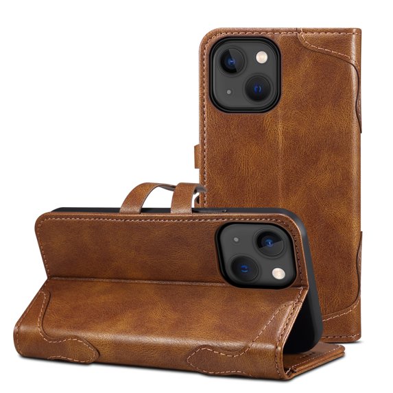 Vintage Wallet Case for iPhone 14 Plus Designed with Card Slots Cash Holder Retro Button Flip Cover, Luxury PU Leather Kickstand Soft Silicone Shockproof Case for iPhone 14 Plus,Brown