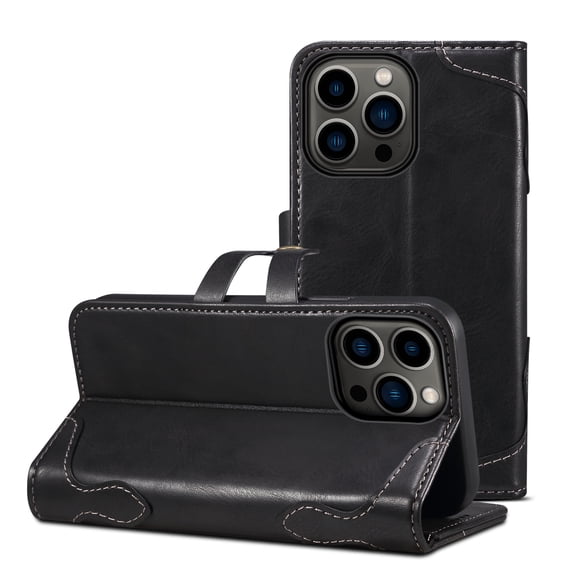 Vintage Wallet Case for iPhone 14 Pro Max Designed with Card Slots Cash Holder Retro Button Flip Cover, Luxury PU Leather Kickstand Soft Silicone Shockproof Case for iPhone 14 Pro Max,Black