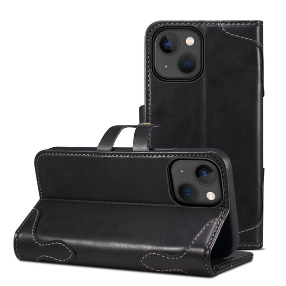 Vintage Wallet Case for iPhone 15 Designed with Card Slots Cash Holder Retro Button Flip Cover, Luxury PU Leather Kickstand Soft Silicone Shockproof Case for iPhone 15, Black