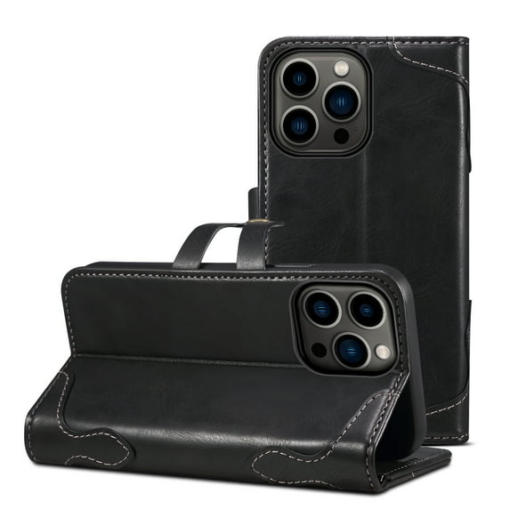 Vintage Wallet Case for iPhone 15 Pro Max Designed with Card Slots Cash Holder Retro Button Flip Cover, Luxury PU Leather Kickstand Soft Silicone Shockproof Case for iPhone 15 Pro Max, Black