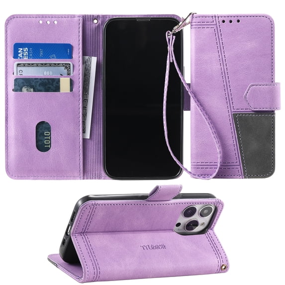Vintage Wallet Case for iPhone 16 Pro, Premium PU Leather RFID Blocking Card Holder Lanyard Magnetic Closure Kickstand Phone Cover for iPhone 16 Pro, Purple