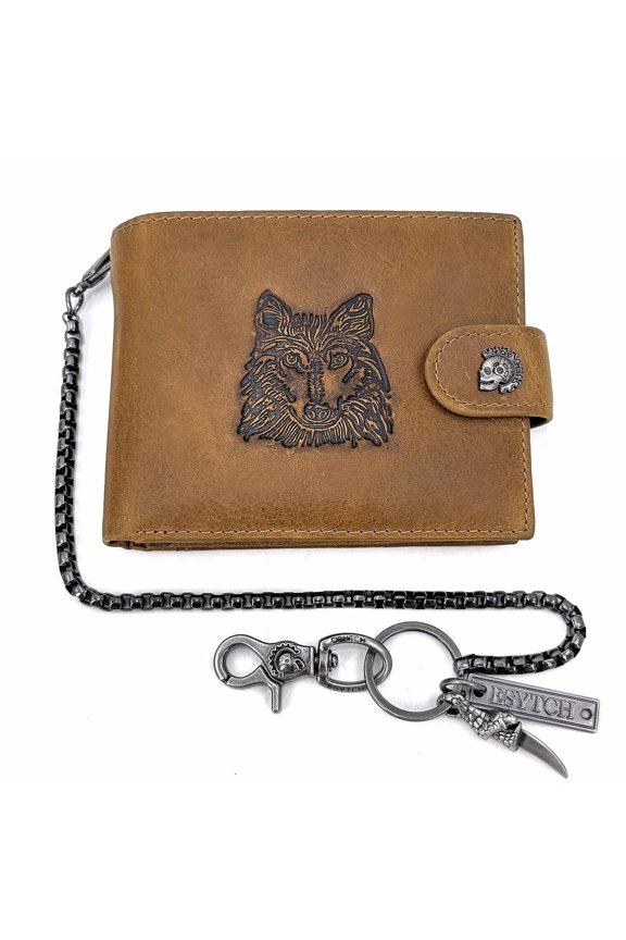 Vintage Wallet Mens Real Leather Purse Button Closure Wallet With Safely Chain