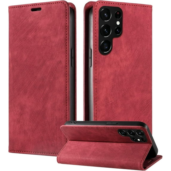 Vintage Wallet Stand Phone Case for Samsung Galaxy A04 S A14 A34 A54 5G 4G, Magnetic Closure Card Holder Back Cover, Business Skin-Friendly Protective Shell(Red,A14 4G)