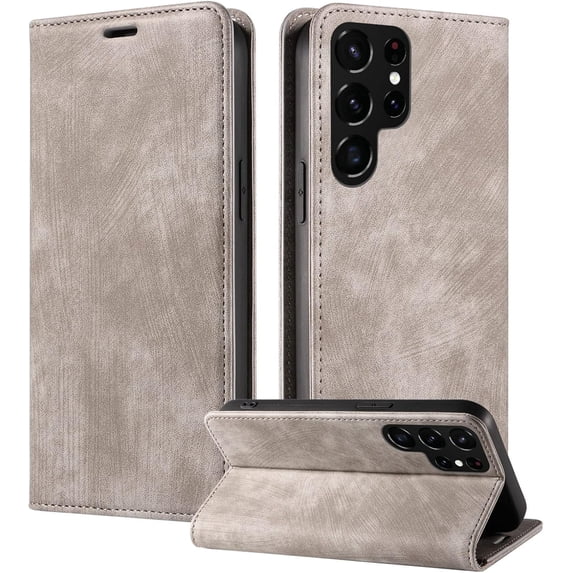 Vintage Wallet Stand Phone Case for Samsung Galaxy Note 20 10 9 8 Ultra Plus Lite, Magnetic Closure Card Holder Back Cover, Business Skin-Friendly Protective Shell(Gray,Note 10 Plus)