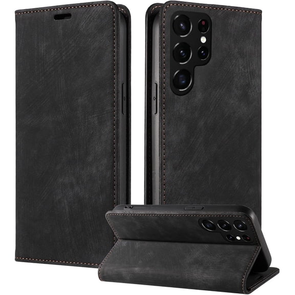 Vintage Wallet Stand Phone Case for Samsung Galaxy Note 20 10 9 8 Ultra Plus Lite, Magnetic Closure Card Holder Back Cover, Business Skin-Friendly Protective Shell(Black,Note 10 Lite)