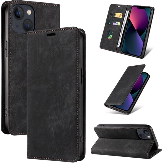Vintage Wallet Stand Phone Case for iPhone 14 13 12 11 Pro Max Plus Mini, Magnetic Closure Card Holder Back Cover, Business Skin-Friendly Protective Shell(Black,11)