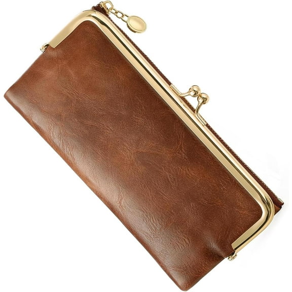 Vintage Wallets for Women Large Bifold Kiss Lock Wallet for Women Leather Zip Clutch Coin Purse