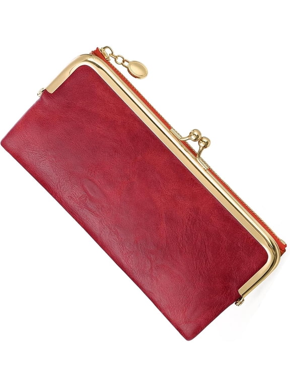 Vintage Wallets for Women Large Bifold Kiss Lock Wallet for Women Leather Zip Clutch Coin Purse