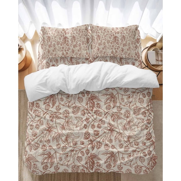 Vintage Wallpaper Bedding Duvet Cover Set Full Size 4 Pieces Brown Leaf Flower Plants Texture Bedding Set with Zipper Closure, 1 Comforter Cover 86x86 Inches 1 Flat Sheet & 2 Pillow Cases