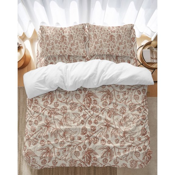 Vintage Wallpaper Bedding Duvet Cover Set Queen Size 4 Pieces Brown Leaf Flower Plants Texture Bedding Set with Zipper Closure, 1 Comforter Cover 90x90 Inches 1 Flat Sheet & 2 Pillow Cases