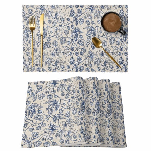 Vintage Wallpaper Placemats Set of 6, Blue Leaf Flower Plants Texture Non-Slip Place Mats Washable Table Mats for Kitchen Dining Table Decorations Indoor/Outdoor