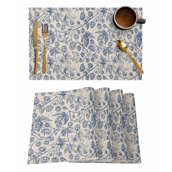 Vintage Wallpaper Placemats Set of 8 Blue Leaf Flower Plants Texture Heat Insulation Washable Place Mats, Rustic Non-Slip Table Mats for Dining Table Party Kitchen Decor,13x19 Inch