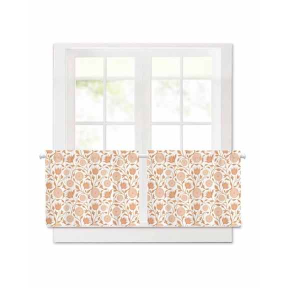 Vintage Wallpaper Short Blackout Curtains 24 Inch Long Orange Flower Plants Vintage Rod Pocket Kitchen Curtains, 2 Panels Thermal Insulated Darkening Drapes for Bedroom, 30"W x 24"L