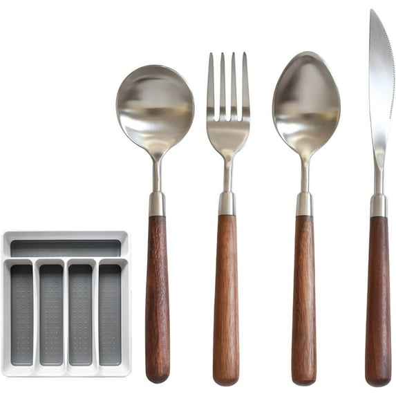 Vintage Walnut Wood Handle Silverware Set- Premium Stainless Steel with Wood Handle Flatware Cutlery Set for Home Kitchen Dining(6 Set-24 Piece)