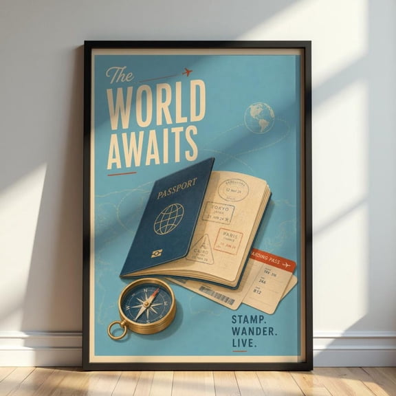 Vintage Wanderlust Travel Passport Adventure Wall Art Retro Explorer Print, Unframed Paper Print
