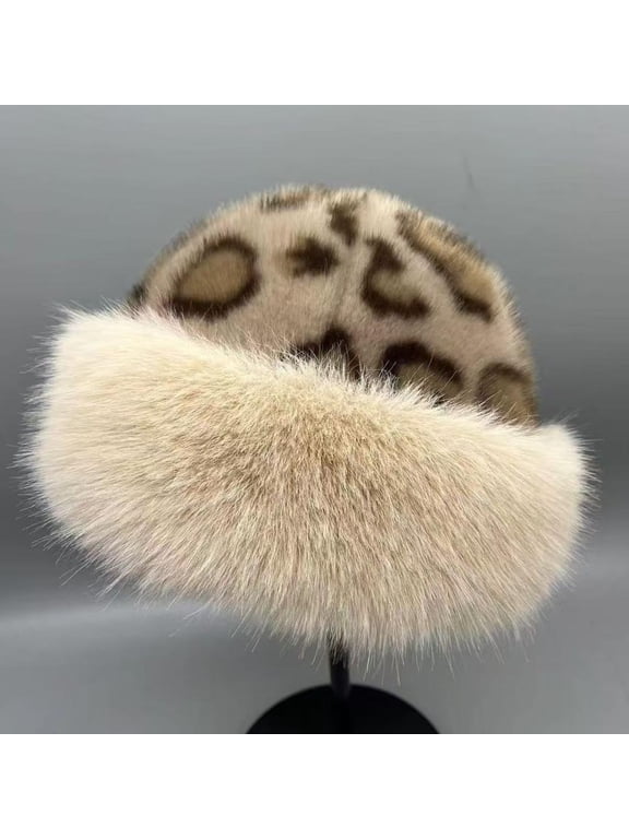 Vintage Warm Women Mongolian Hat Leopard Print Fluffy Fur Fisherman Hats Ladies Winter Plush Warmer Basin Cap