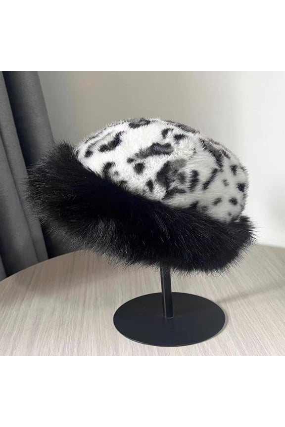 Vintage Warm Women Mongolian Hat Leopard Print Fluffy Fur Fisherman Hats Ladies Winter Plush Warmer Basin Cap