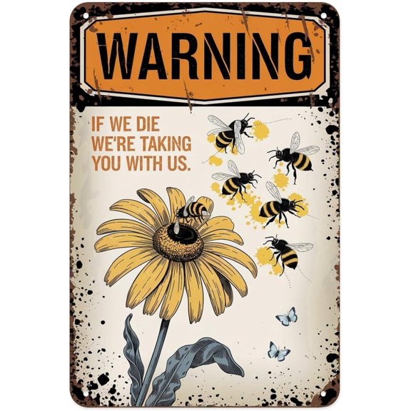 Vintage Warning Bees Tin Sign Rustic Honey Bee Metal Wall Decor for Porch Garage Garden 8 x 12 Inch