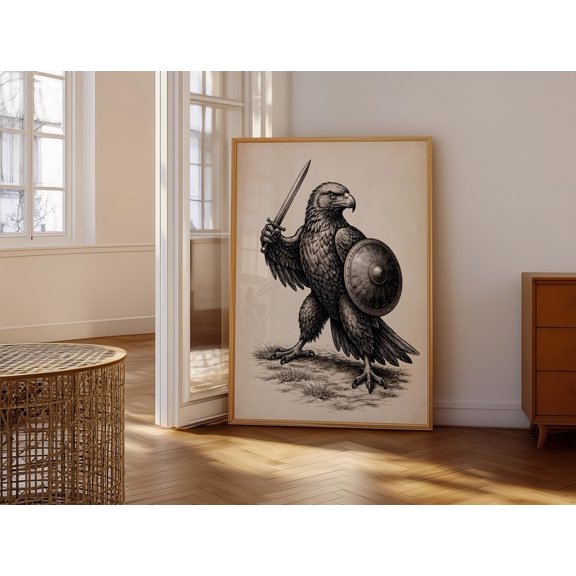 Vintage Warrior Eagle Wall Art Medieval Bird Print Mythical Creature Decor Bold Black and White Poster for Office Living Room