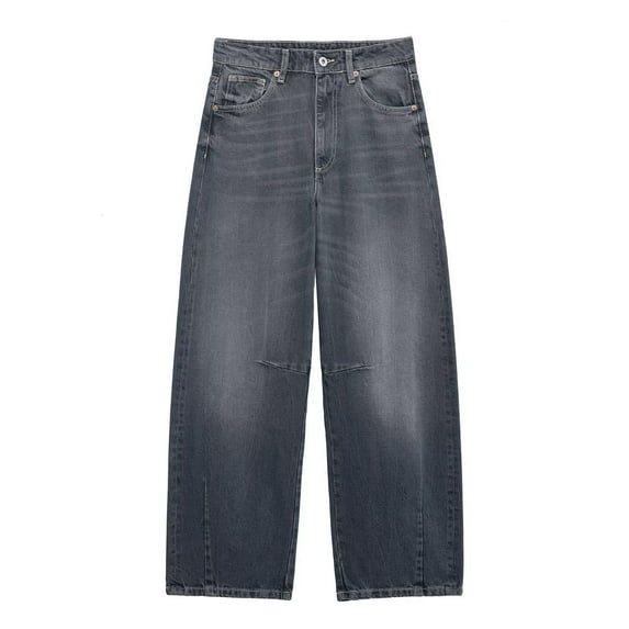 Vintage Wash Straight Loose Fit Trousers Mid Rise Non-Stretch Denim Pants