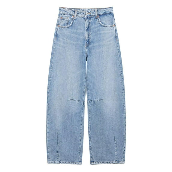 Vintage Wash Straight Loose Fit Trousers Mid Rise Non-Stretch Denim Pants