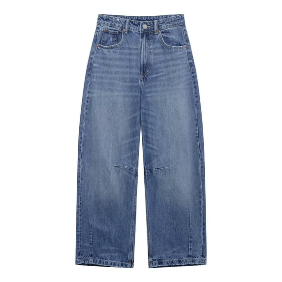 Vintage Wash Straight Loose Fit Trousers Mid Rise Non-Stretch Denim Pants