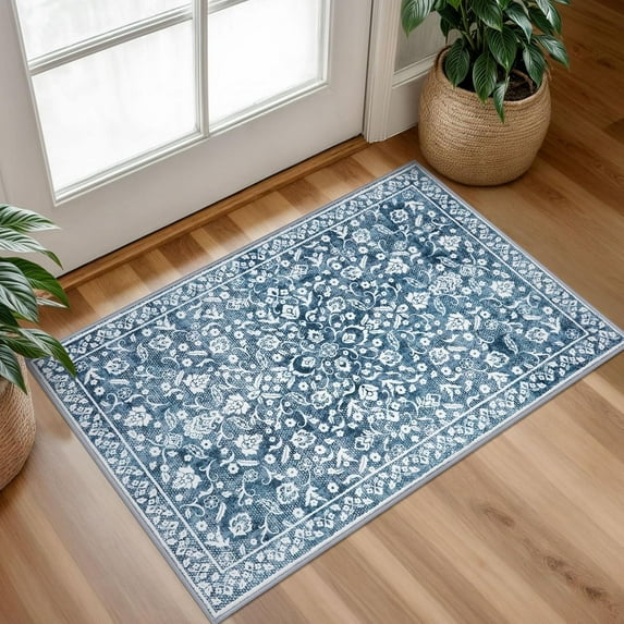 Vintage Washable 2x8 Runner Rug Non Slip, Denim Blue White Hallway Runner Rug, Super Soft Kitchen Runner Rug, Printed Faux Wool Thin Carpet Runner for Entryway Indoor Laundry Room Bedroom