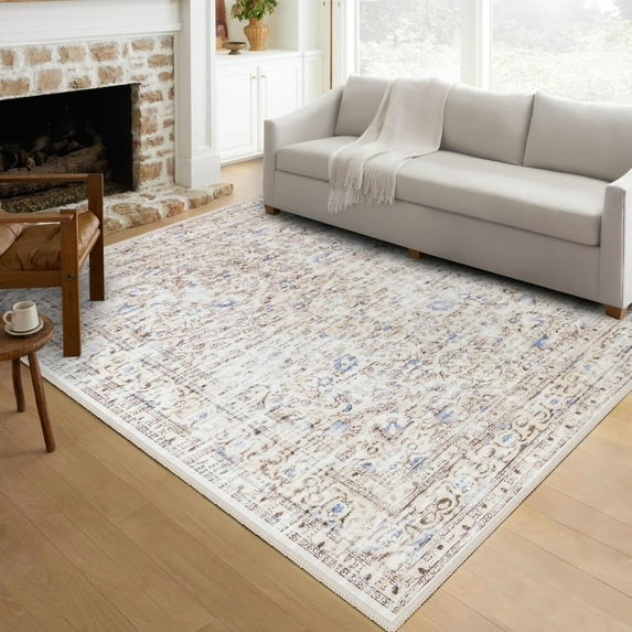 Vintage Washable Area Rug 5x7, Distressed Farmhouse Cream Holi Living Room Rug, Soft Neutral Area Rug Non-Slip Backing Rug, Low Pile Carpet for Bedroom Dining Room Home Office