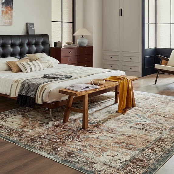 Vintage Washable Area Rug 5x7 - Non Slip Low Pile Carpet for Dorm, Bedroom, Dining Room | Soft Stain Resistant Rug |Lightweight Classic Home Decor & Office Floor Mat