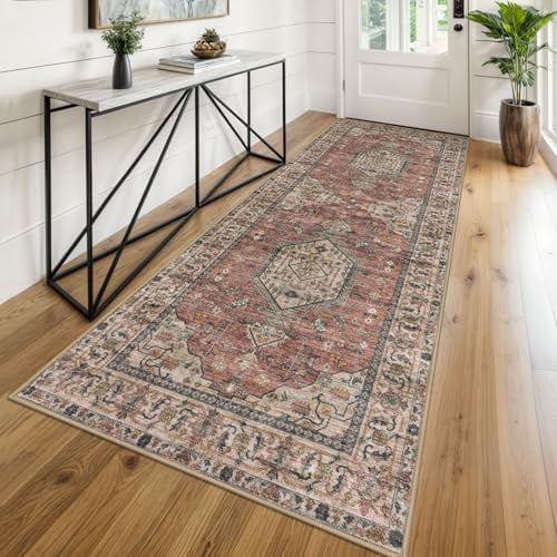 Vintage Washable Kitchen Runner 3x8, Non Skid Washable 8 ft Runners for Hallway, Terracotta Printed Ultra Soft Carpet for Bathroom Bedroom Living Room