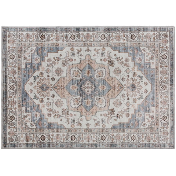 Vintage Washable Non Slip 5x7 Area Rug Brown Light Blue for Living Room Bedroom Dining Room
