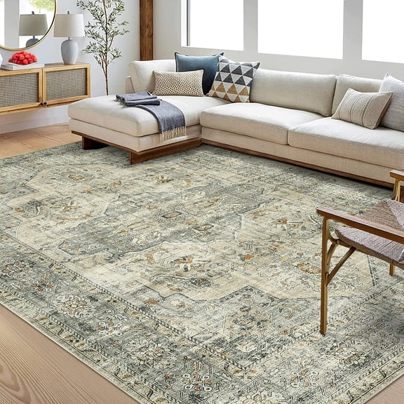 Vintage Washable Rug 6x9 Area Rugs for Living Room Large Non Slip Bedroom Rug Ultra-Thin Non-Shedding Floor Carpet Indoor Soft Oriental Carpet for Dining Room Nursery Playroom Office Beige