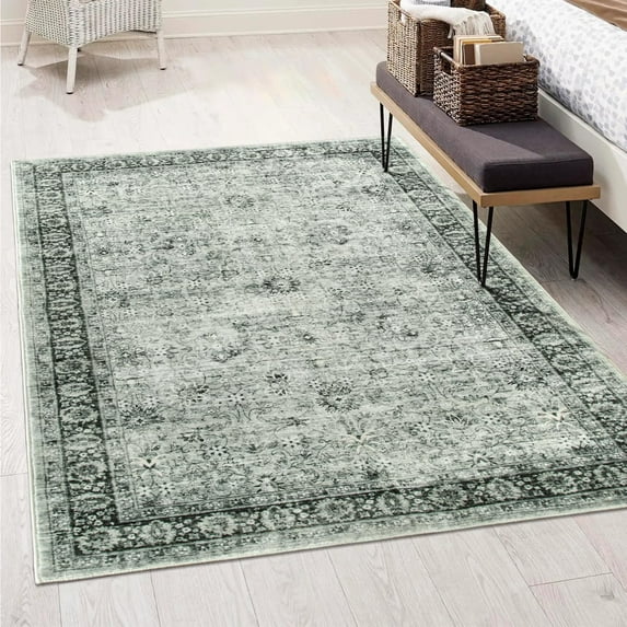 Vintage Washable Rug For Bedroom, Non Slip Boho Area Rugs Non-Shedding & Easy Care, Soft Distressed Bohemian Floral Indoor Throw Rug For Entryway Kitchen Bedside, Grey