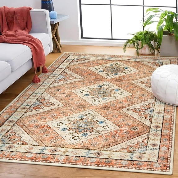 Vintage Washable Rug For Living Room,Traditional Non Slip Area Rug, Soft Boho Orange Non Shedding Accent Rug Thin Stain Resistance Carpet For Bedroom Dining Playroom Nursery 1x2ft