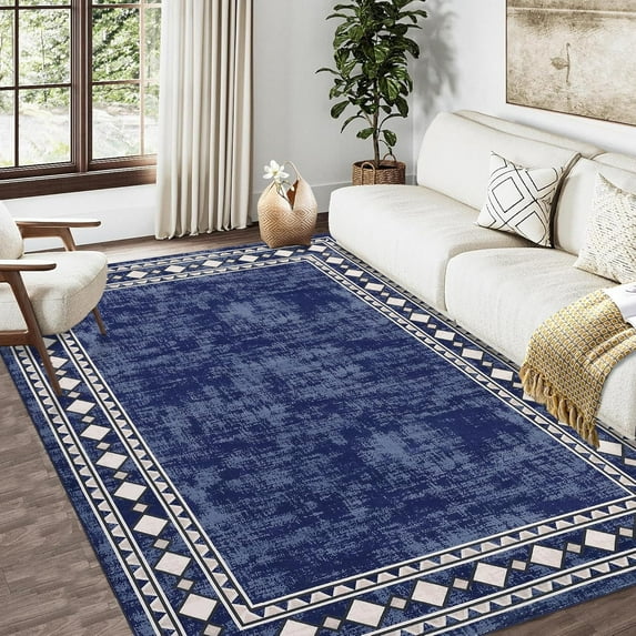 Vintage Washable Rugs 8x10 Rug for Living Room Soft Bedroom Rug Farmhouse Bordered Large Area Rug Non Slip Throw Rugs Non Shedding Stain Resistant Carpet for Nursery Dining Room 8'x10' Navy