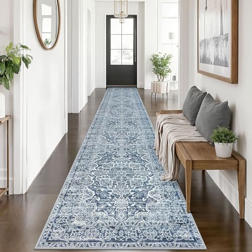 Vintage Washable Runner Rug 2.6x14, Non-Slip Hallway Kitchen Runners Blue White with Rubber Backing, Ultra Soft Printed Distressed Medallion Extra Long 14ft Carpet Rugs Indoor for Stairs