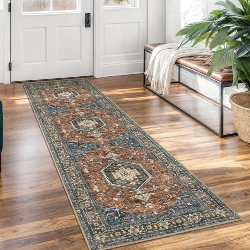 Vintage Washable Runner Rug, 2x7 Non-Slip Vintage Brick Red Hallway Kitchen Runners Soft Printed Tribal Farmhouse Floor Carpet Rugs for Laundry Bedroom Living Room