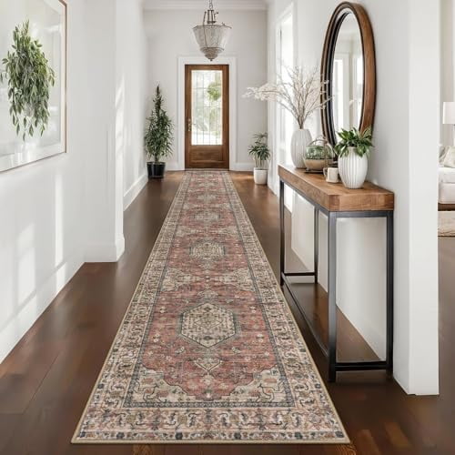 Vintage Washable Runners for Hallways 2.6x16, Non-Slip 16ft Extra Long Kitchen Runner Rug, Terracotta Ultra Soft Printed Medallion Stair Runners Indoor for Bedroom