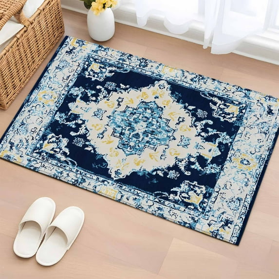Vintage Washable Small Entryway Area Rugs 2'x3', Abstract Blue Bohemian Farmhouse Tribal Low Pile Throw Rug Non-Slip Sturdy Edge Binding Carpet for Front Door Floor Room Entry