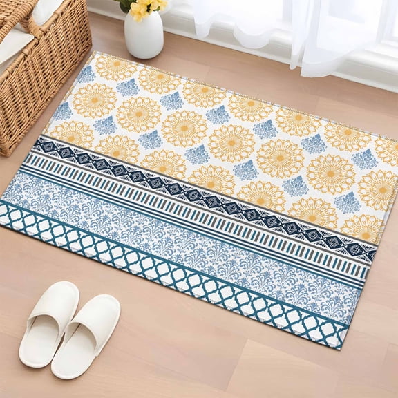 Vintage Washable Small Entryway Area Rugs 2'x3', Medieval Bohemian Yellow Geometric Stripes Low Pile Throw Rug Non-Slip Sturdy Edge Binding Carpet for Front Door Floor Room Entry