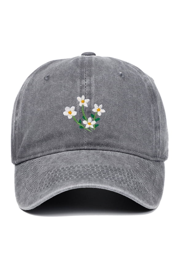 Vintage Washed Baseball Cap, Hand Embroidered Flower Design Trucker Style Hat, Adjustable Sun Hat for Women Men, Casual Outdoor Unisex Cap for Daily Wear - Grey