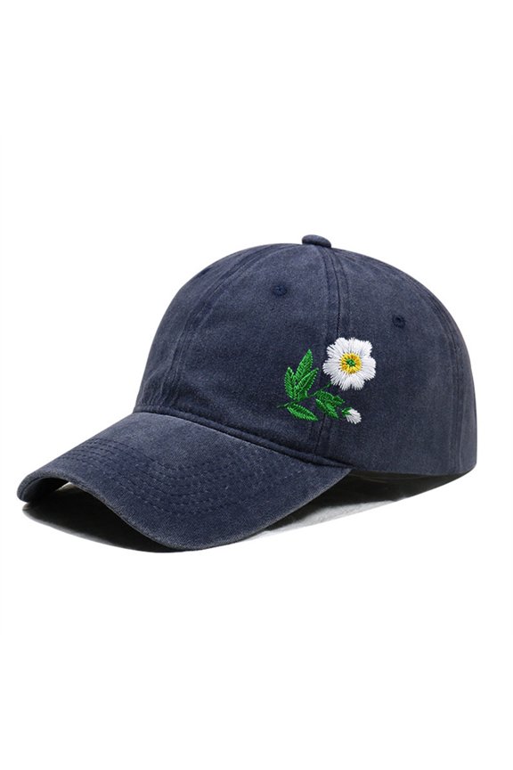 Vintage Washed Baseball Cap, Hand Embroidered Flower Design Trucker Style Hat, Adjustable Sun Hat for Women Men, Casual Outdoor Unisex Cap for Daily Wear - Navy
