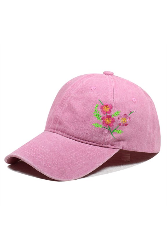 Vintage Washed Baseball Cap, Hand Embroidered Flower Design Trucker Style Hat, Adjustable Sun Hat for Women Men, Casual Outdoor Unisex Cap for Daily Wear - Pink
