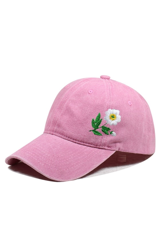 Vintage Washed Baseball Cap, Hand Embroidered Flower Design Trucker Style Hat, Adjustable Sun Hat for Women Men, Casual Outdoor Unisex Cap for Daily Wear - Pink